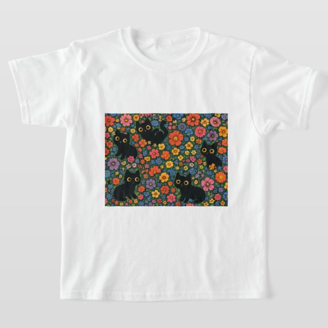 Kawaii Garden Art | Cute Black Cat Floral Pattern T-Shirt (Ablage )