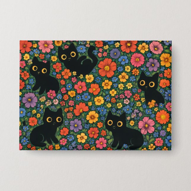 Kawaii-Gartenkunst | Süßes schwarzes Katzen-Blumen Button (Vorderseite)