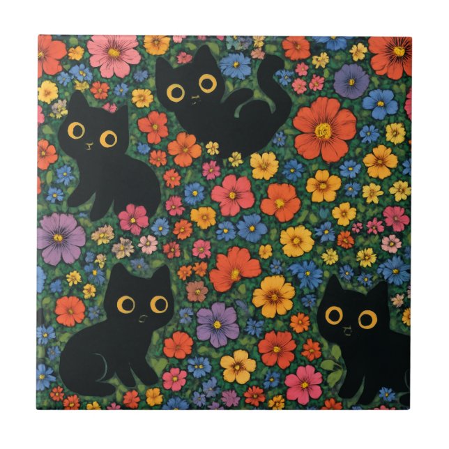 Kawaii-Gartenkunst | Süßes schwarzes Katzen-Blumen Fliese (Vorderseite)