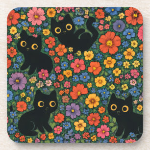 Kawaii-Gartenkunst Süßes schwarzes Katzen-Blumen Getränkeuntersetzer