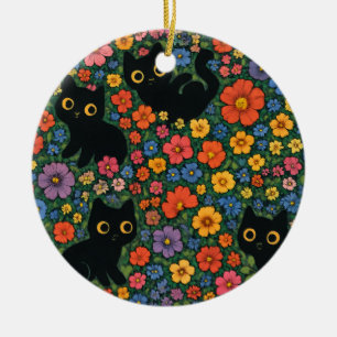 Kawaii-Gartenkunst Süßes schwarzes Katzen-Blumen Keramik Ornament