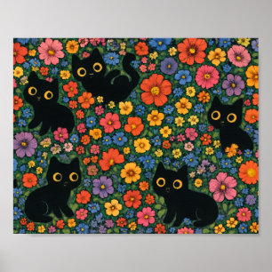 Kawaii-Gartenkunst Süßes schwarzes Katzen-Blumen Poster
