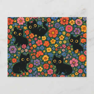 Kawaii-Gartenkunst Süßes schwarzes Katzen-Blumen Postkarte
