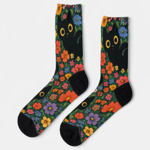 Kawaii-Gartenkunst Süßes schwarzes Katzen-Blumen Socken