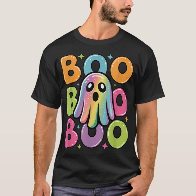 Kawaii Ghost Boo mit Glitzern Halloween farbenfroh T-Shirt (Vorderseite)
