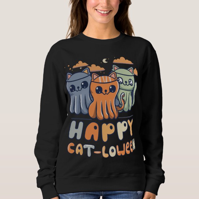 Kawaii Ghost Cats Happy Cat-loween Halloween Pun Sweatshirt (Vorderseite)