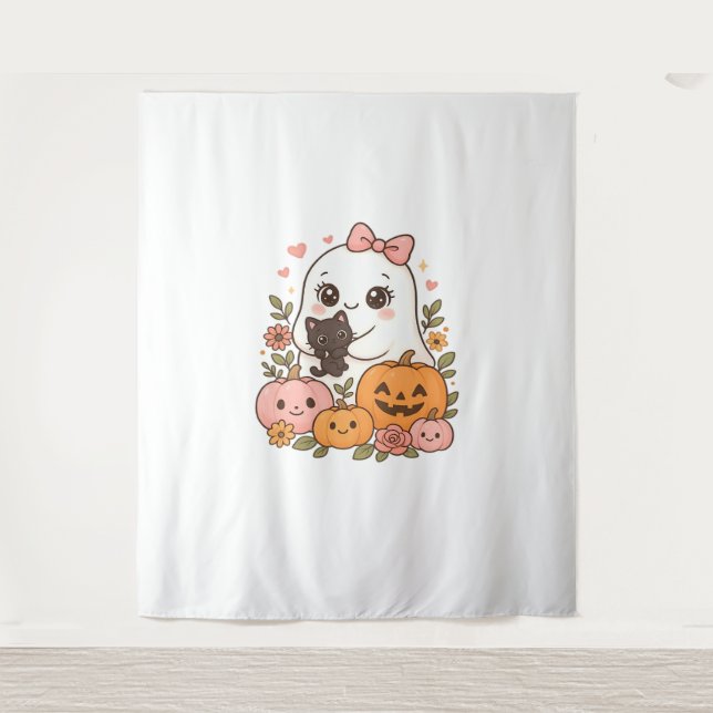 Kawaii Ghost Halloween Black Cat Pumpkin Fall Spoo Wandteppich (Vorderseite)