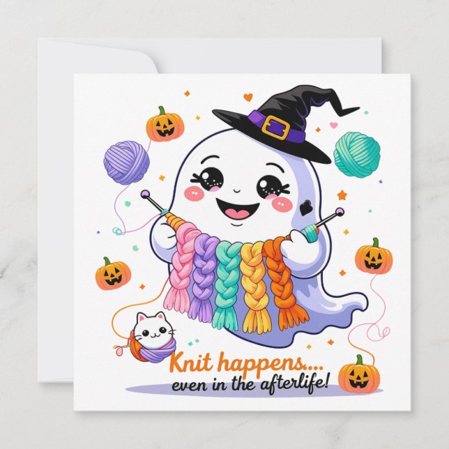 Kawaii Ghost knitting Halloween Einladungs-Sticker Einladung (Vorderseite)