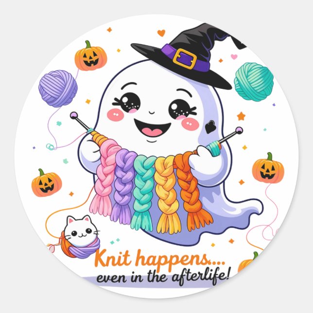 Kawaii Ghost Knitting Sticker - Niedliches Hallowe (Vorderseite)