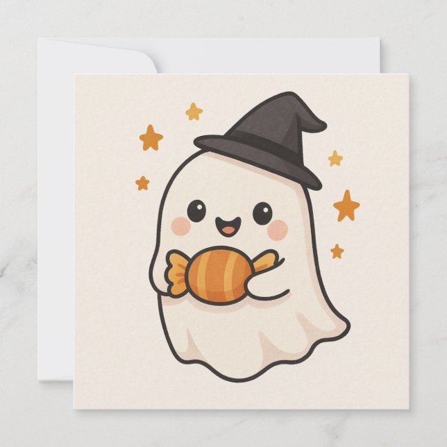 Kawaii Ghost mit Halloween Candy Einladung (Vorderseite)