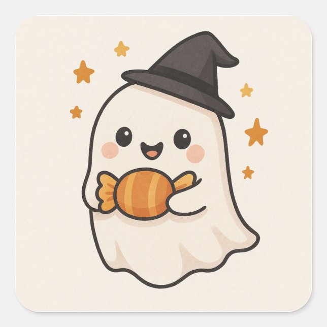 Kawaii Ghost mit Halloween Candy Quadratischer Aufkleber (Vorderseite)