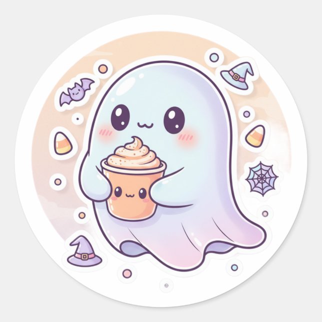Kawaii Ghost mit Pumpkin Latte - Niedliches Hallow Runder Aufkleber (Vorderseite)