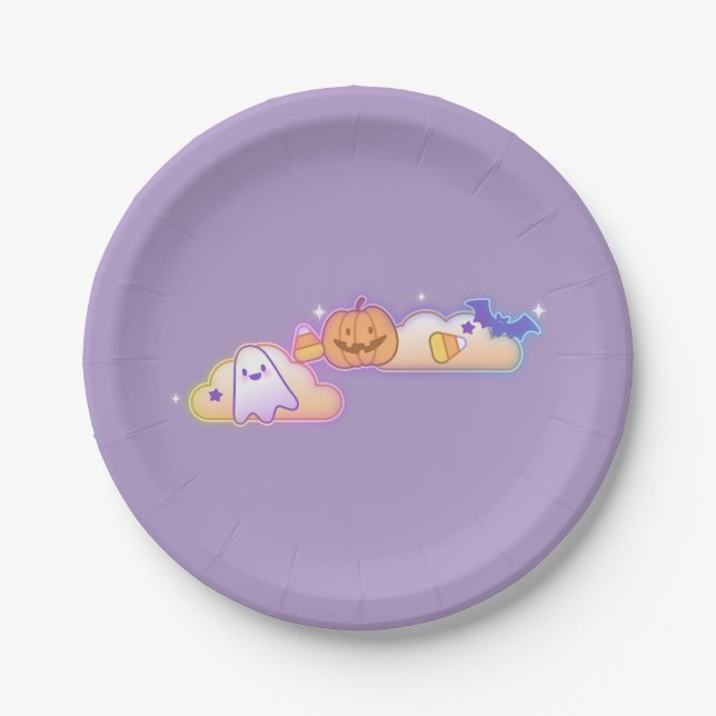Kawaii Ghost, Pumpkin & Bat Halloween Paper Plate Pappteller (Vorderseite)
