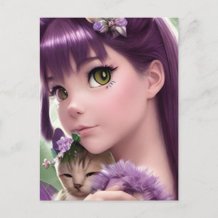 Kawaii Girl and Kitten Postcard Postkarte