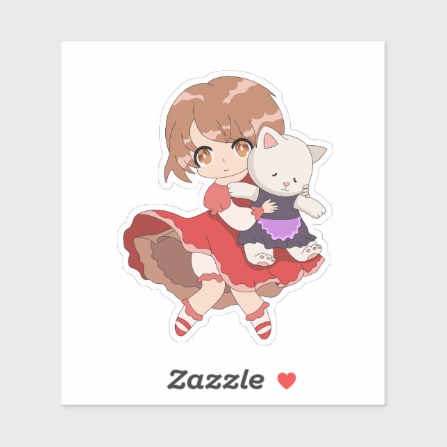 Kawaii Girl mit Kitty Plush Aufkleber (Blatt)