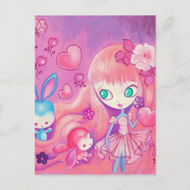 Kawaii Girl mit Niedlichen Bunnies Postkarte (Vorderseite)