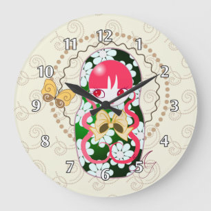 Kawaii Goldbogen und Blumen Matryoshka Große Wanduhr