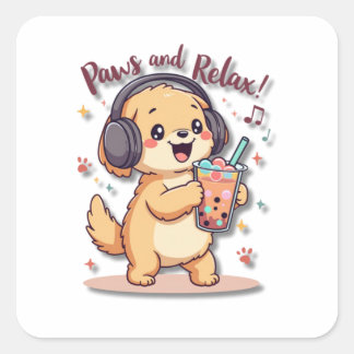 Kawaii Golden Retriever Tanz mit Kopfhörern Quadratischer Aufkleber