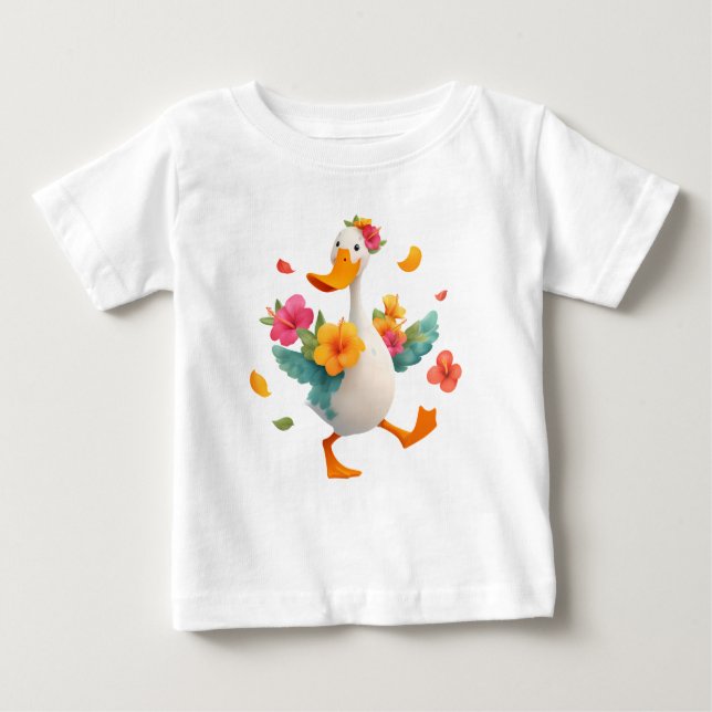 Kawaii Goose Dancing – Cute Duck with Flowers Kids Baby T-shirt (Vorderseite)