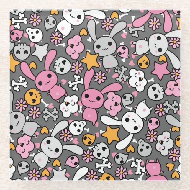 kawaii Graumuster Glasuntersetzer (Vorderseite)