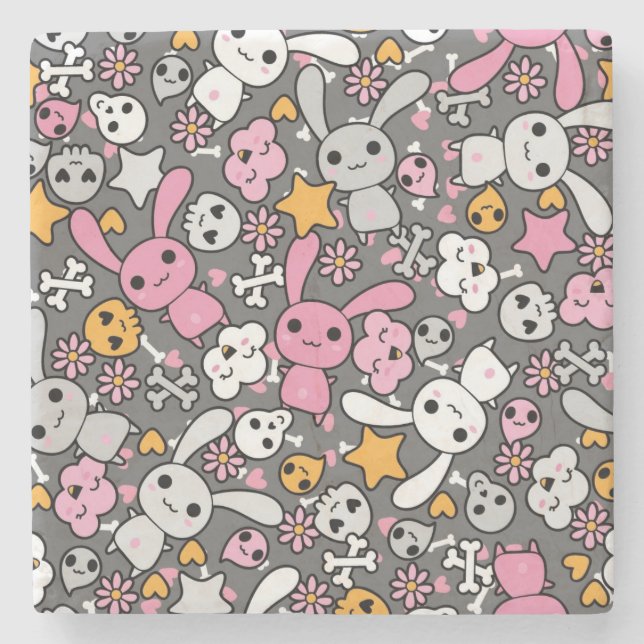 kawaii Graumuster Steinuntersetzer (Vorderseite)