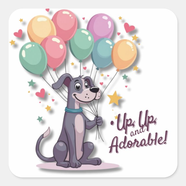 Kawaii Great Dane Pup mit Balloons Quadratischer Aufkleber (Vorderseite)