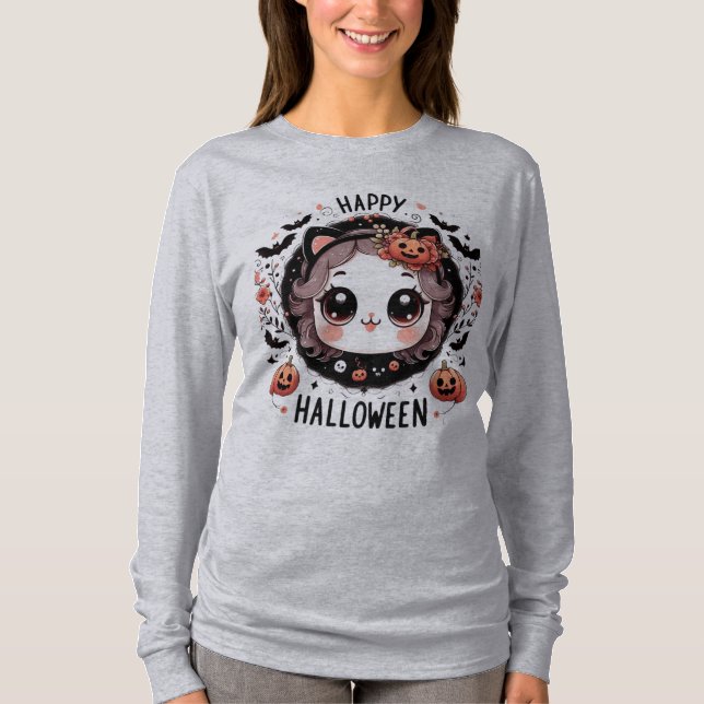 Kawaii Halloween Cat Bat Pumpkin T - Shirt für Kin (Vorderseite)