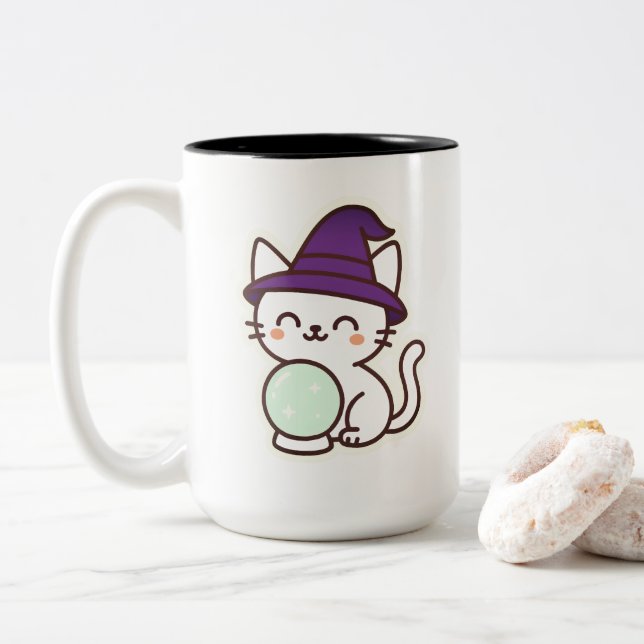 Kawaii Halloween Cat - Magische und Adorable Spook Zweifarbige Tasse (Mit Donut)