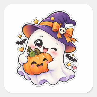 Kawaii-Halloween-Geist und Kürbis süß und gruselig Quadratischer Aufkleber