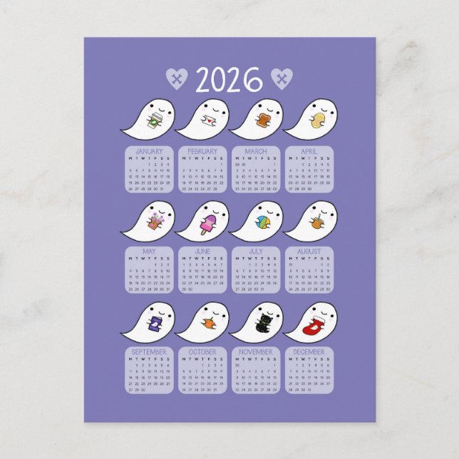 Kawaii Halloween Ghosts 2026 Kalender Postkarte (Vorderseite)