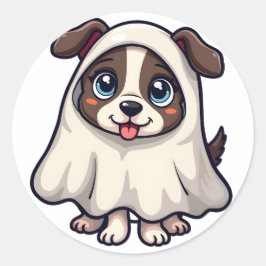 Kawaii Halloween Niedlicher Geisterhund in Kostüm Runder Aufkleber