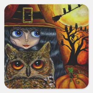 Kawaii Halloween Owl Hexenpuppe mit Big Eyes Quadratischer Aufkleber