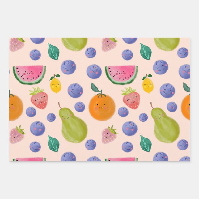 Kawaii Hand-drawn Happy Fruits Geschenkpapier Set (Vorderseite)