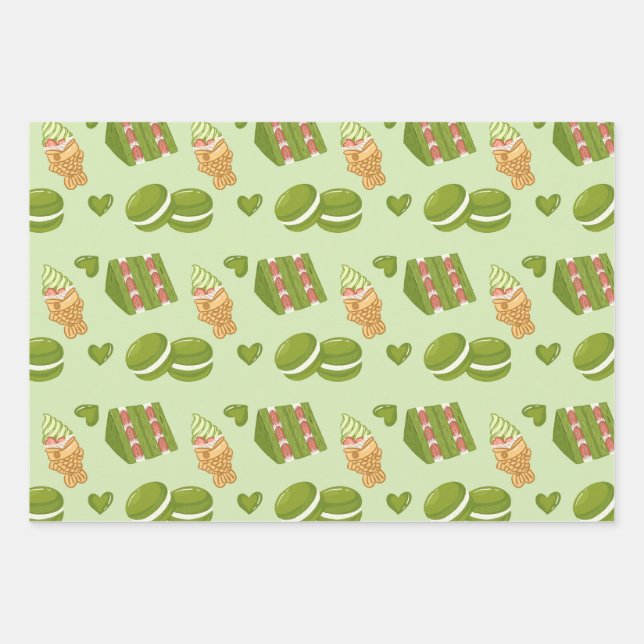 Kawaii Hand-Drawn Matcha Sweets Seamless Pattern Geschenkpapier Set (Vorderseite)