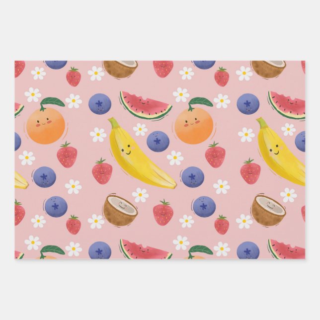 Kawaii handgezeichnet Früchte mit Gesichtsmaske, n Geschenkpapier Set (Vorderseite)