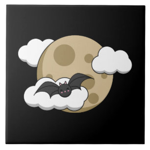 Kawaii Happy Bat Flying on Full Moon Fliese