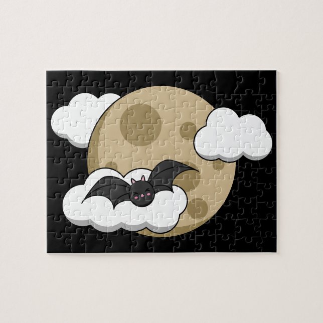 Kawaii Happy Bat Flying on Full Moon Puzzle (Horizontal)