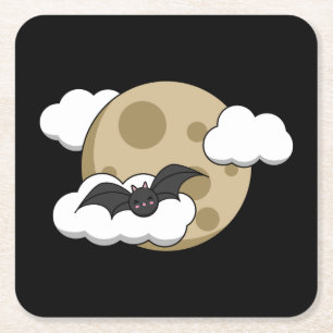 Kawaii Happy Bat Flying on Full Moon Rechteckiger Pappuntersetzer