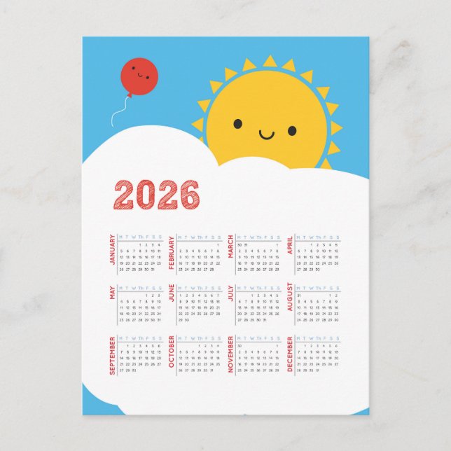 Kawaii Happy Sun 2026 Kalender Postkarte (Vorderseite)