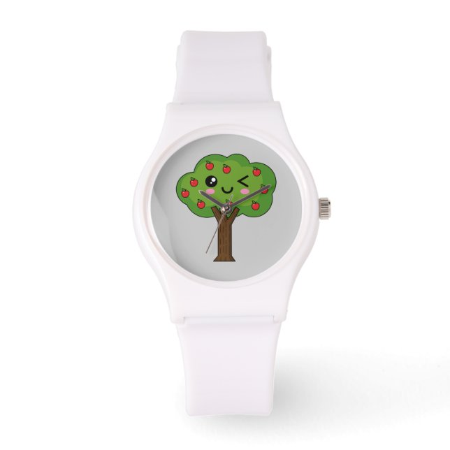 Kawaii Happy Winking Apple Tree Armbanduhr (Vorderseite)