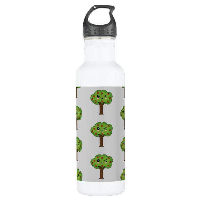 Kawaii Happy Winking Apple Tree Edelstahlflasche (Vorderseite)