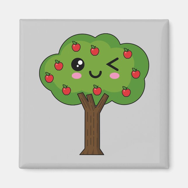 Kawaii Happy Winking Apple Tree Magnet (Vorne)