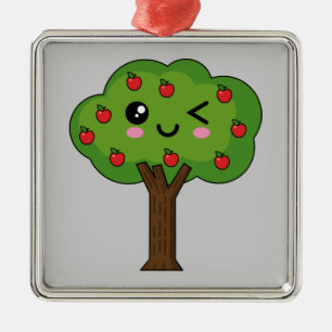 Kawaii Happy Winking Apple Tree Ornament Aus Metall