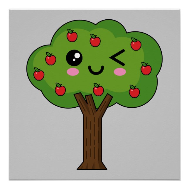 Kawaii Happy Winking Apple Tree Poster (Vorderseite)