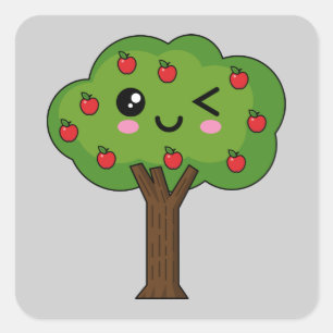 Kawaii Happy Winking Apple Tree Quadratischer Aufkleber