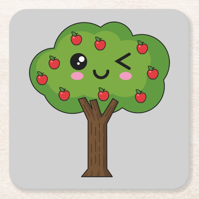 Kawaii Happy Winking Apple Tree Rechteckiger Pappuntersetzer (Vorderseite)