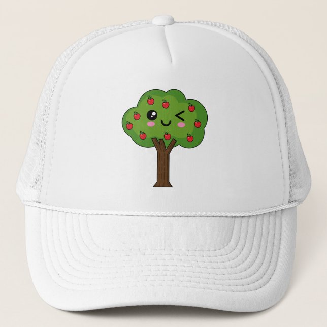 Kawaii Happy Winking Apple Tree Truckerkappe (Vorderseite)