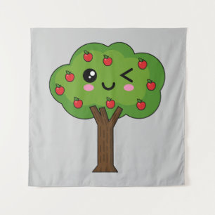 Kawaii Happy Winking Apple Tree Wandteppich