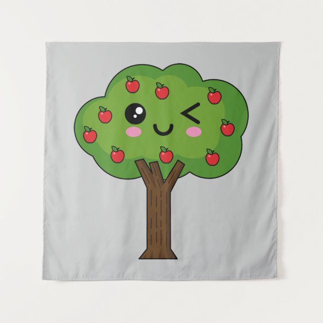 Kawaii Happy Winking Apple Tree Wandteppich (Vorderseite)