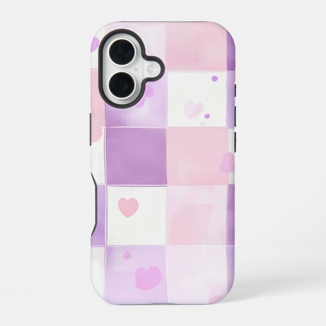 Kawaii Heart Gingham Phone Case iPhone 16 Hülle (Rückseite)